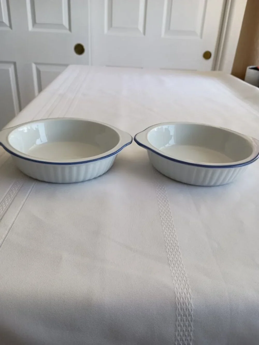 Vintage White Ceramic Baking Dishes with Blue Trim